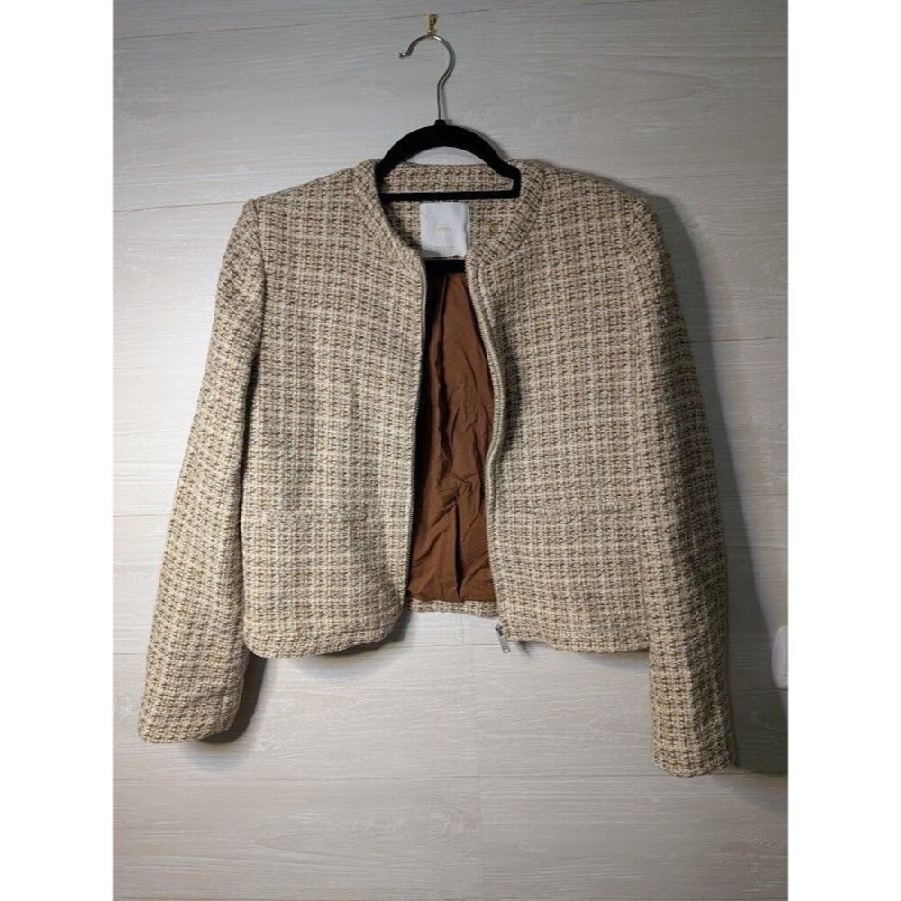 MNG Mango Women Tweed Jacket Size Medium M Brown Gold Metallic Full Zip Textured